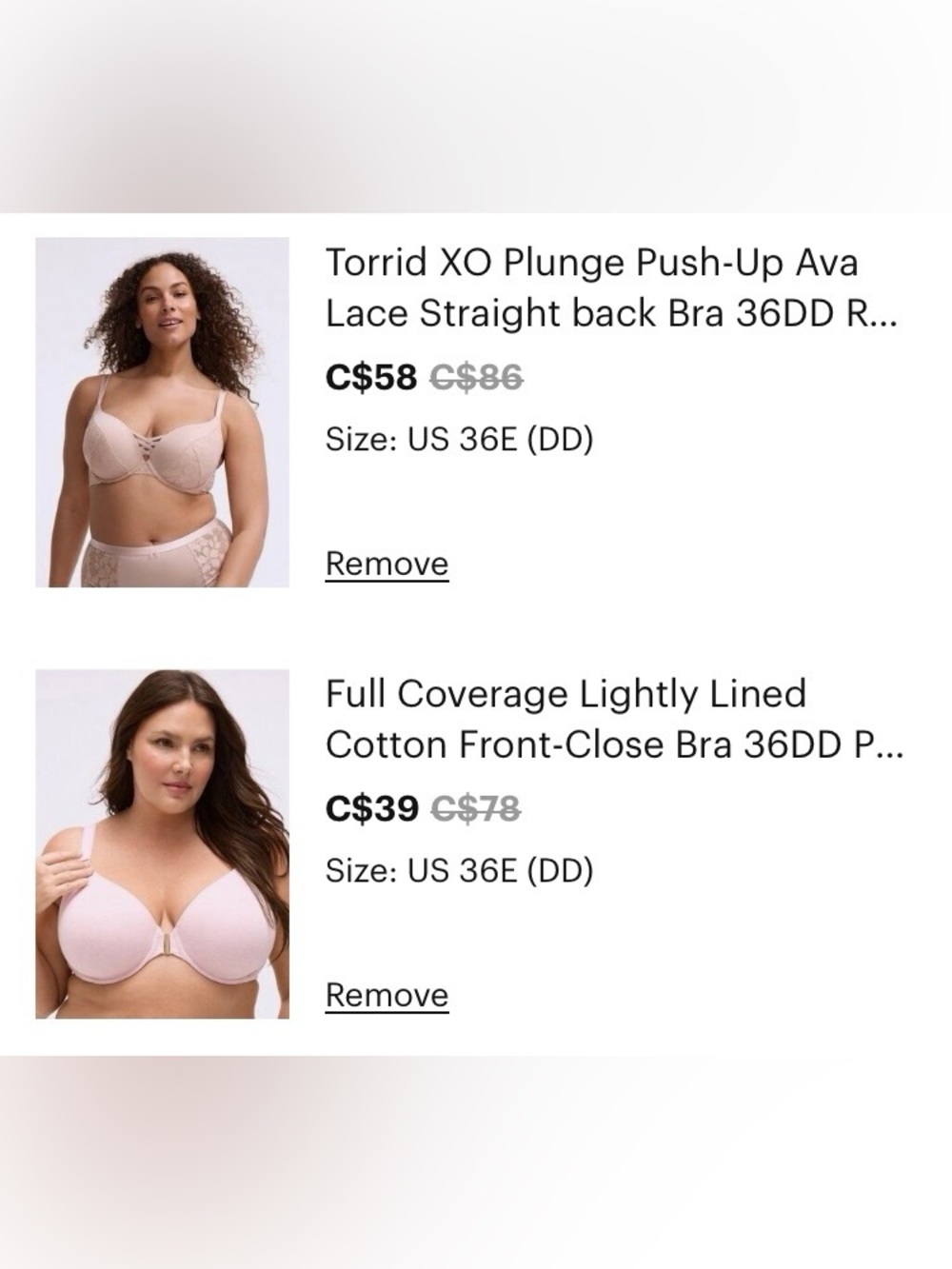 Two 36DD/36E Torrid Bras – XO Push-Up & Simply Cotton Front-Close Full Coverage